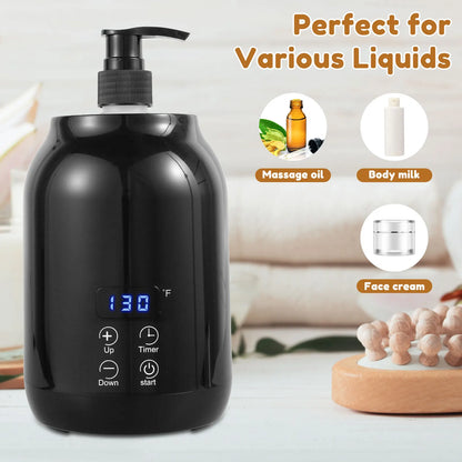 Massage Oil Warmer 30℃ to 65℃ Adjustable Lotion Bottle Warmer with 2 Oil Bottle Dispenser Smart Touch Key Electric Lotion Heater