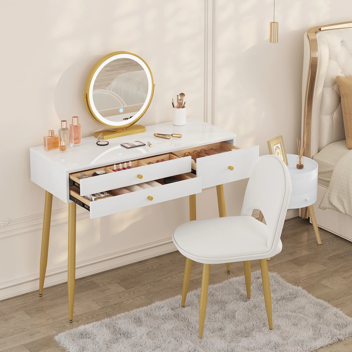 1SET Vanity Dressing Table Cosmetic Make up Table with Lighting Adjustable LED Mirror Light 3 Drawers Velvet Stool for Bedroom