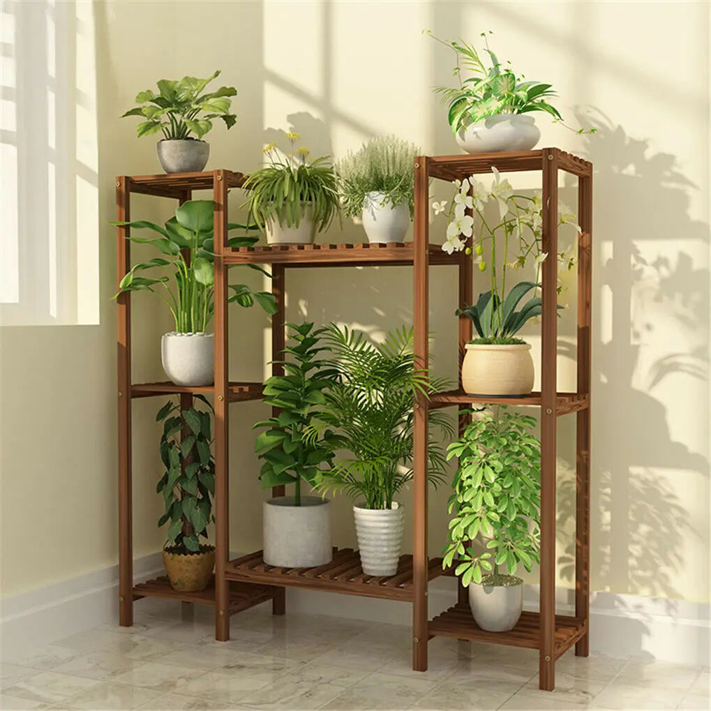 10 Pot Bamboo Plant Stand for In/Outdoor, Bonsai Flower Display, Shelf Holder Rack, Stylish