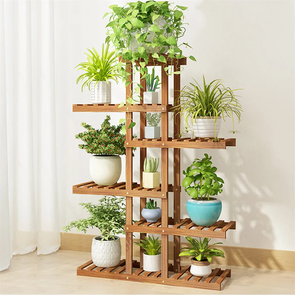 Reinforced Wood Plant Stand, Corner Shelf, Flower Rack, Garden Home, 52 "Tall, 6 Tier