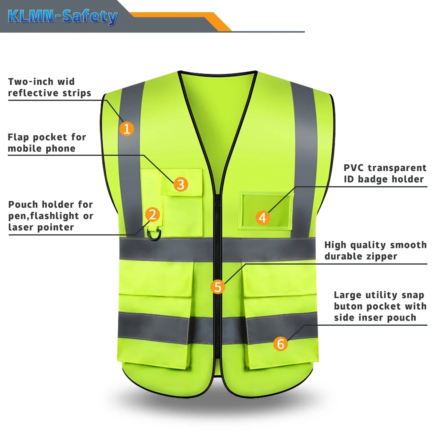 S-5XL Custom LOGO Safety Vest Reflective Vest with Pockets and Zipper High Visibility Construction Vest Workwear