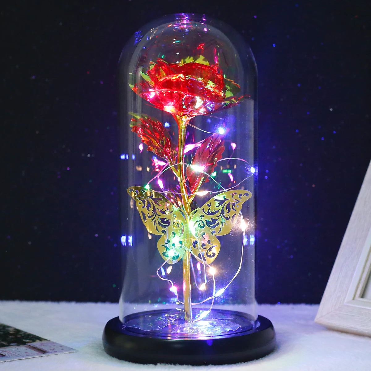 Rose Light Artificial Galaxy Rose Lamp with Butterfly  Colorful LED Rose Flowers In Glass Valentine's Mother Day Gift for Women