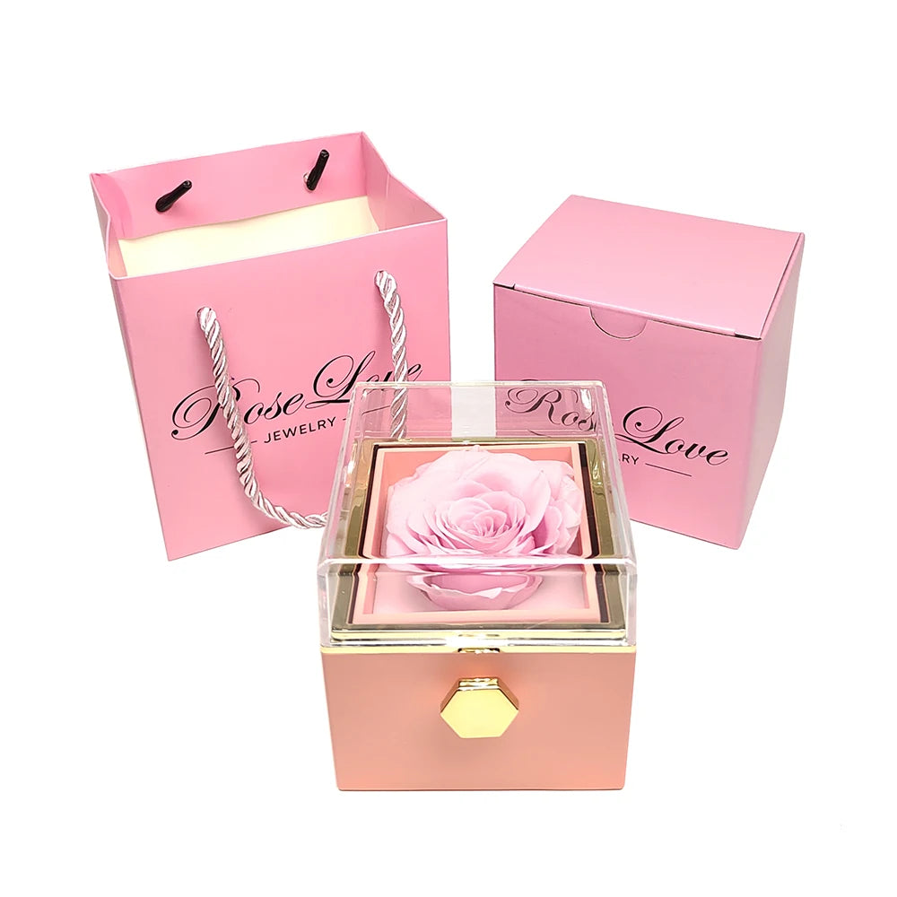 Rotating Jewelry Box with Engraved name Necklace Forever Flower Preserved Rose Box Mother's Day Birthday for Mom Wife Girlfriend