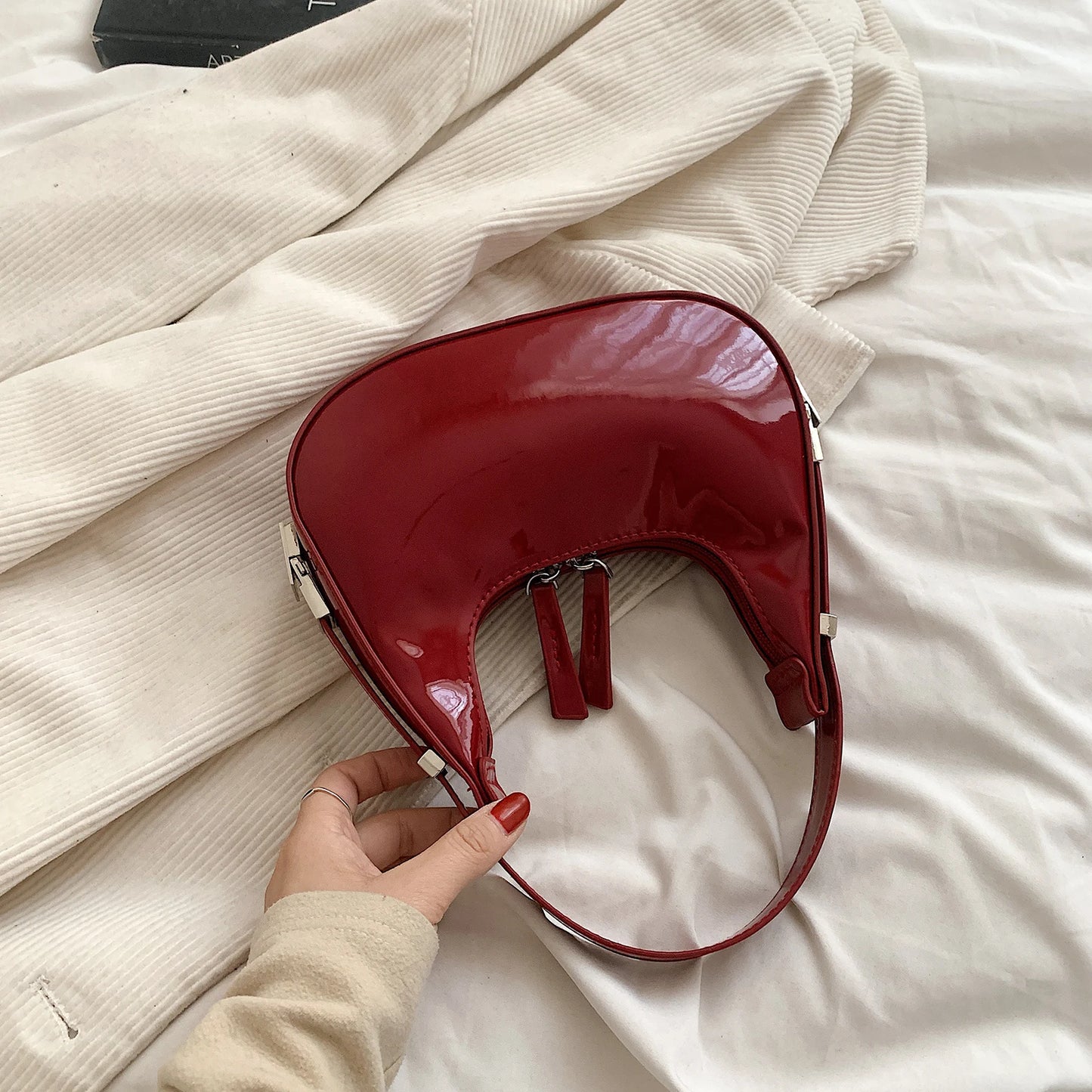 Retro Red Bag for Women Girls Half Moon Bag Small Hobo Shoulder Bags PU Leather Mini Tote Handbag Luxury Ladies Clutch Purses