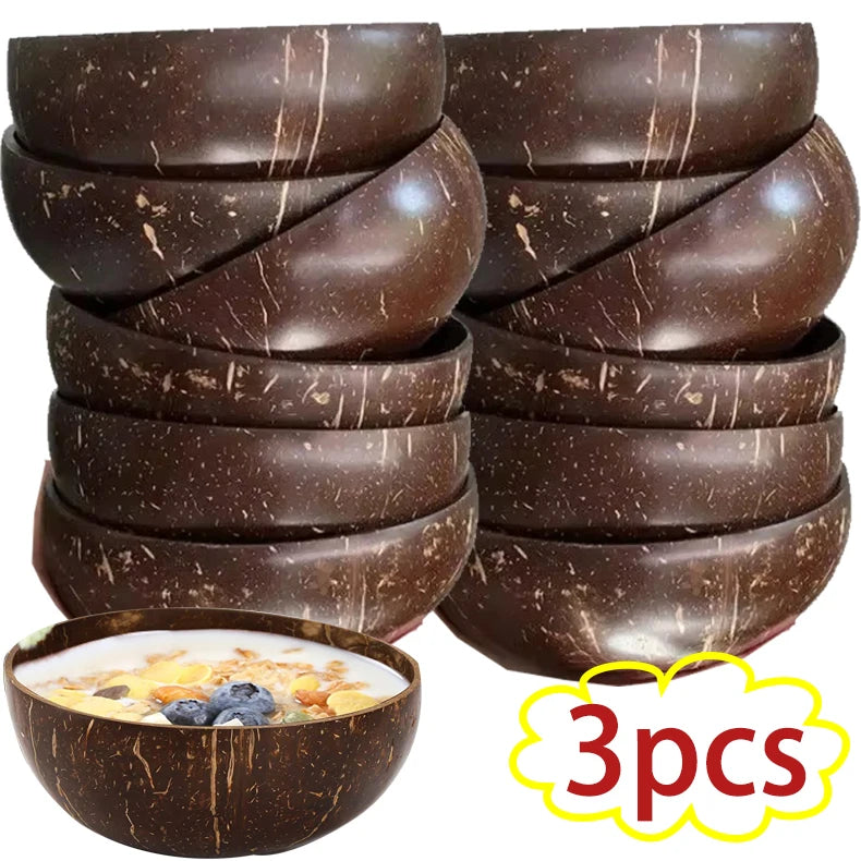 Wholesale Natural Coconut Bowls For Serving Dishes Salad Oatmeal Yogurt Reusable Wooden Coconut Shell Bowl Kitchen Tableware Set