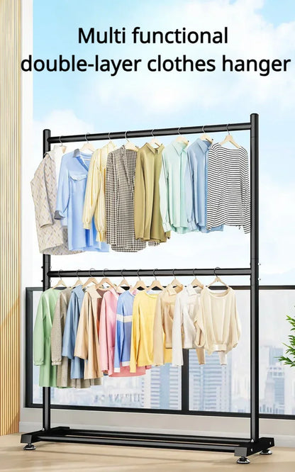 Simple Rolling Clothes Rack Double Layers Floor Standing Coat Hanger Stand Large Assembled Wardrobe Shoe Shelves Home Furniture