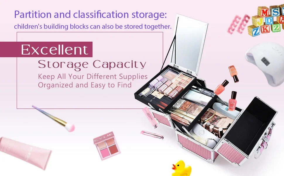 Portable Makeup Case with Mirror 2 Trays Lock Alloy Make-up Suitcase Travel Cosmetic Jewelry Nails Storage Box for Manicure Tech