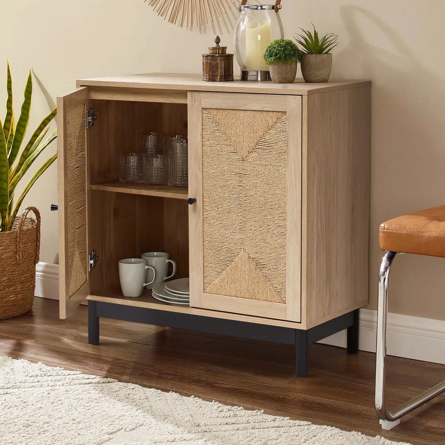 Rustic Wooden Sideboard with Woven Doors, 77cm W x 40cm D x 80.5cm H