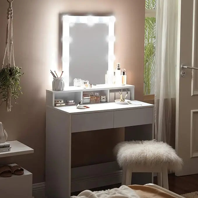 VASAGLE Dressing Table, LED Lights with Adjustable Brightness, Vanity Table with Mirror, 2 Drawers and 3 Compartments