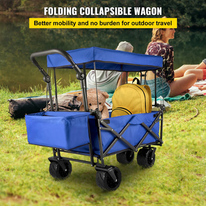 VEVOR Folding Wagon Cart W/ Adjustable Handle Bar Removable Canopy Oxford Cloth Collapsible Shopping Outdoor Camping Beach Cart