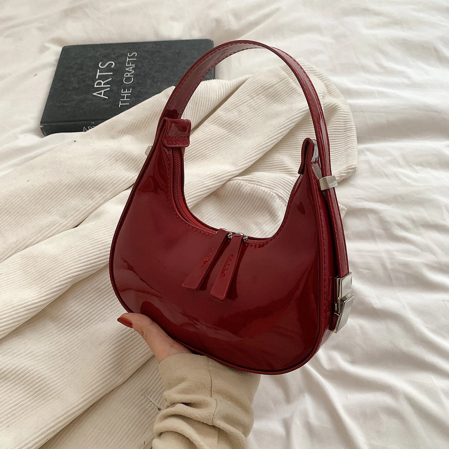 Retro Red Bag for Women Girls Half Moon Bag Small Hobo Shoulder Bags PU Leather Mini Tote Handbag Luxury Ladies Clutch Purses