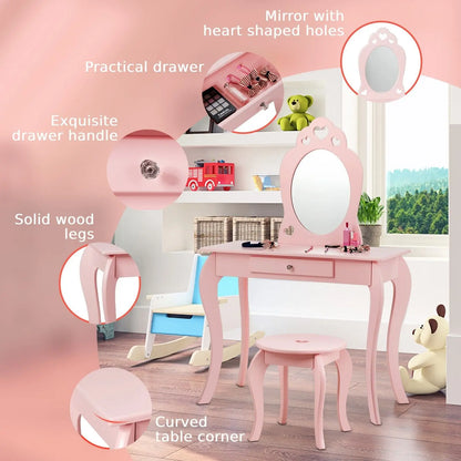 GOFLAME Kids Vanity Set, Princess Pretend Beauty Makeup Table & Stool Set w/ Mirror & Drawer