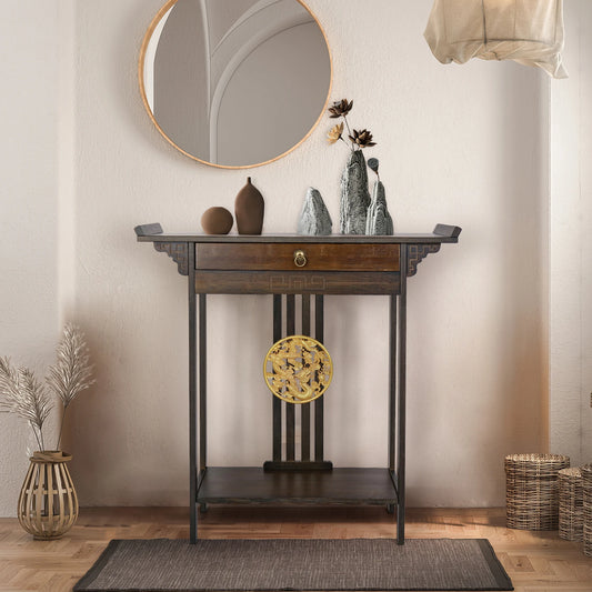 Rustic Brown Console Table with Drawer and Shelf, Sofa Side Table, Skinny Hallway Table, Chinese Entryway Furniture