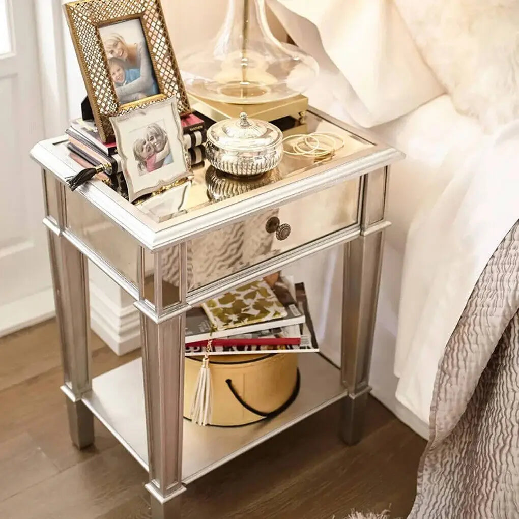 Silver Mirrored End Table for Living Room Bedroom, 2 Tier, Sofa Side, Bedside Cabinet, Nightstand Desk with Drawer