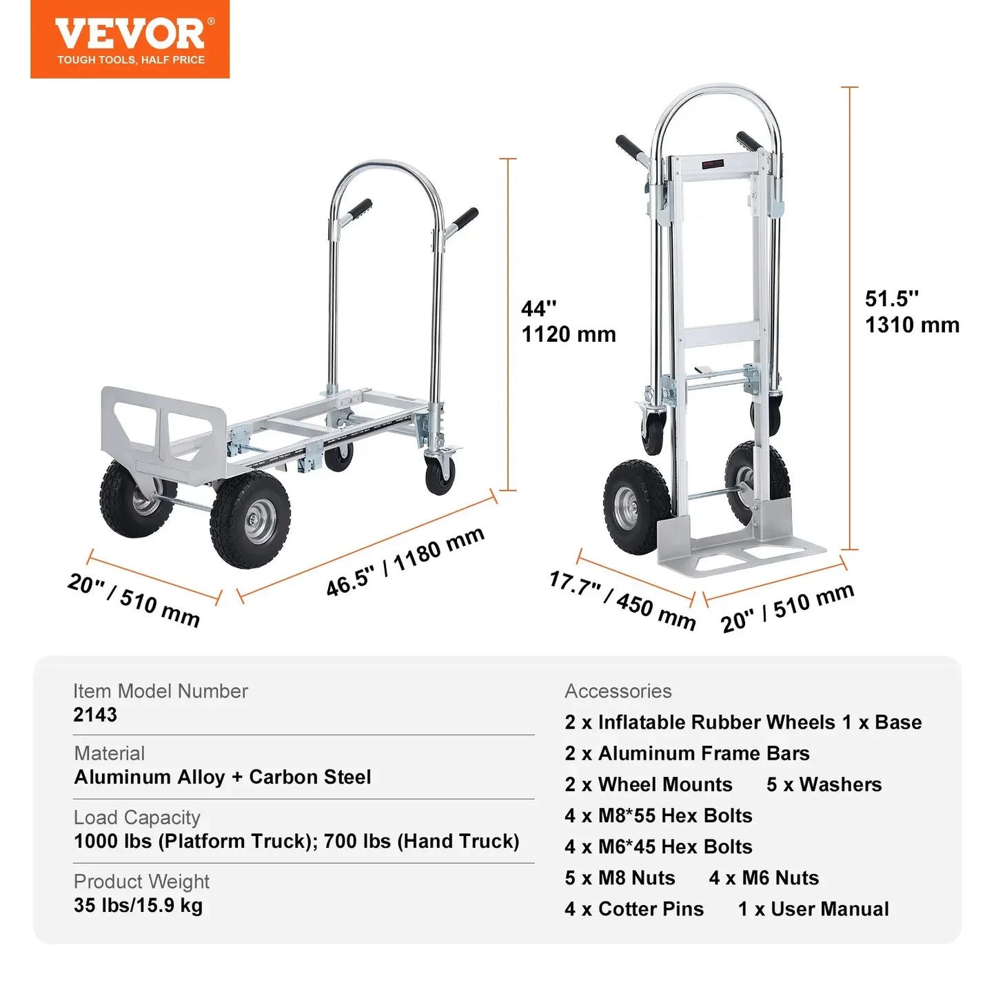 VEVOR Aluminum Folding Hand Truck Heavy Duty Industrial Collapsible Dolly Cart for Transport and Moving in Warehouse Supermarket