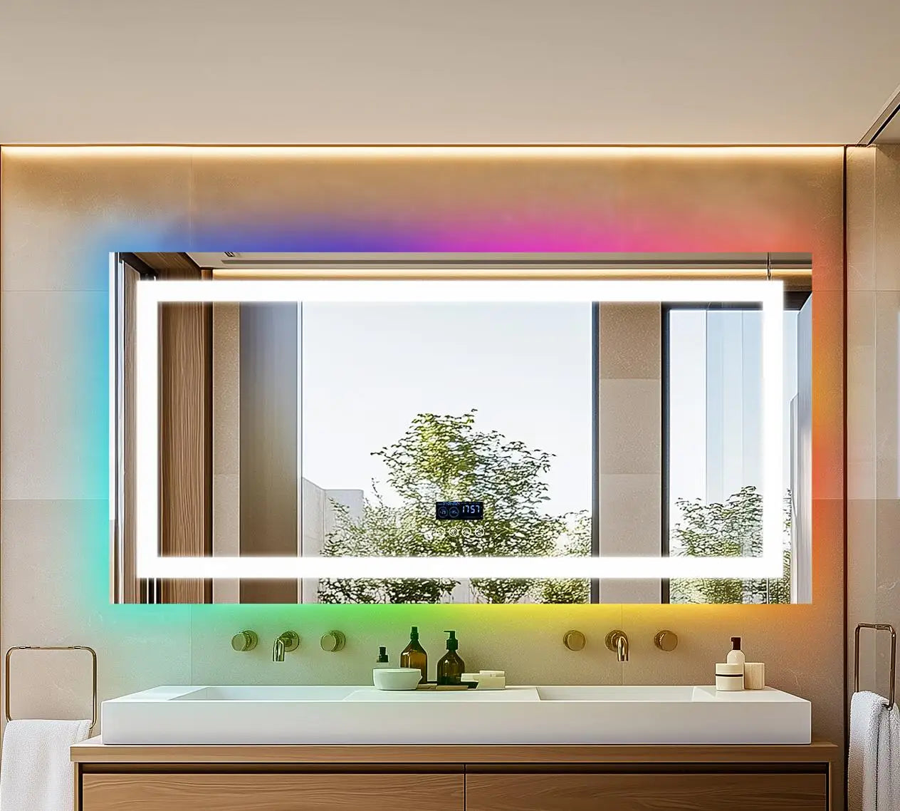 Rectangular LED Bathroom Mirror, Front-lit, RGB Backlight, Touch Antifog Vanity Mirror with Date and Time Bluetooth Speaker