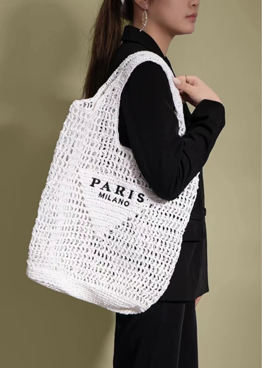 Women Summer Beach Vacation Fashion Straw Knitting Shoulder Bag Hollow Out Handwoven Handbag Portable Large Capacity Casual Tote