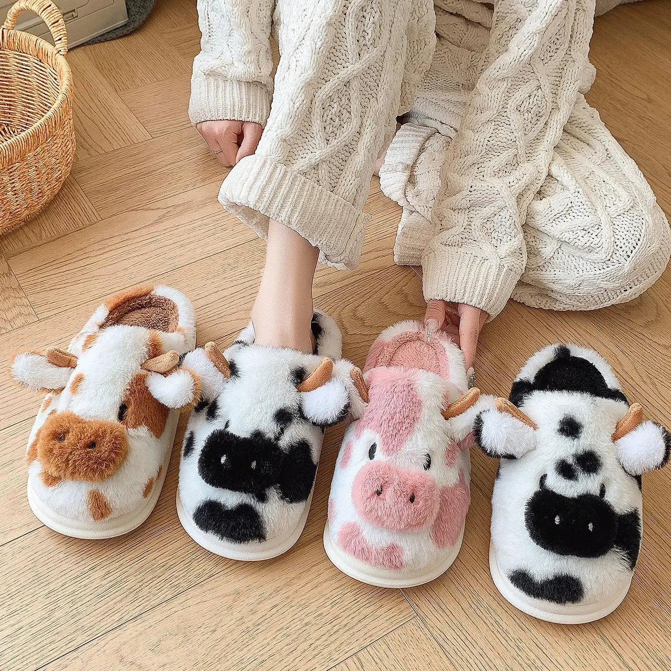 Pallene Cow milk Fuzzy Slippers Women Winter Cartoon Fur Slippers Soft Cozy Plush House Shoes Female Bedroom Cute Furry Slides