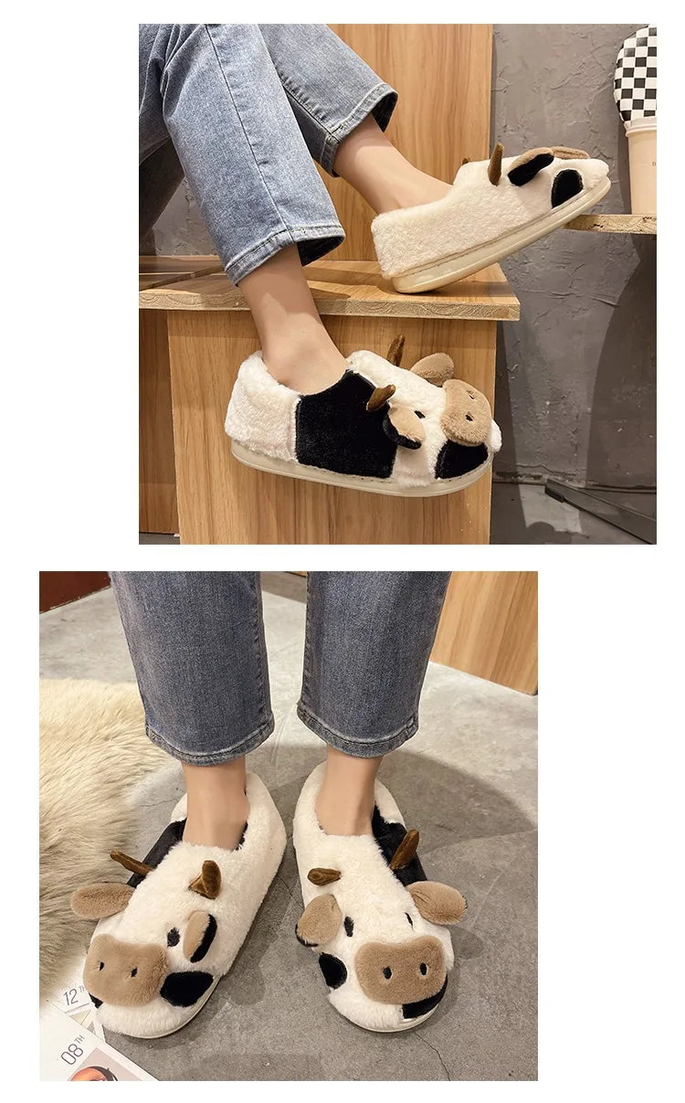 Pallene Women Winter Fur Fuzzy Slippers Cute Cartoon Cow Plush Slippers Indoor Warm Comfy House Slides Soft Casual Cotton Shoes