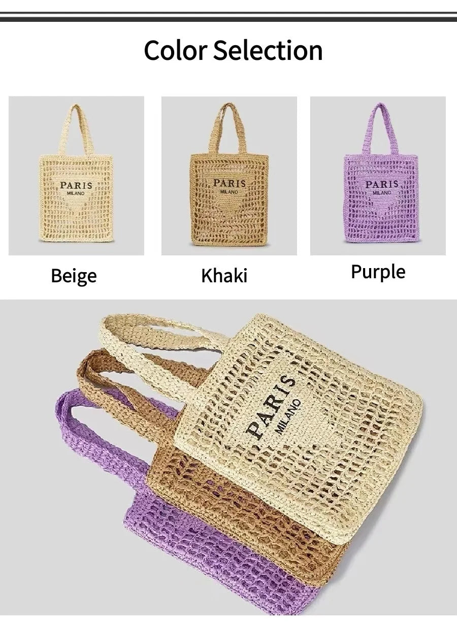 Women Summer Beach Vacation Fashion Straw Knitting Shoulder Bag Hollow Out Handwoven Handbag Portable Large Capacity Casual Tote