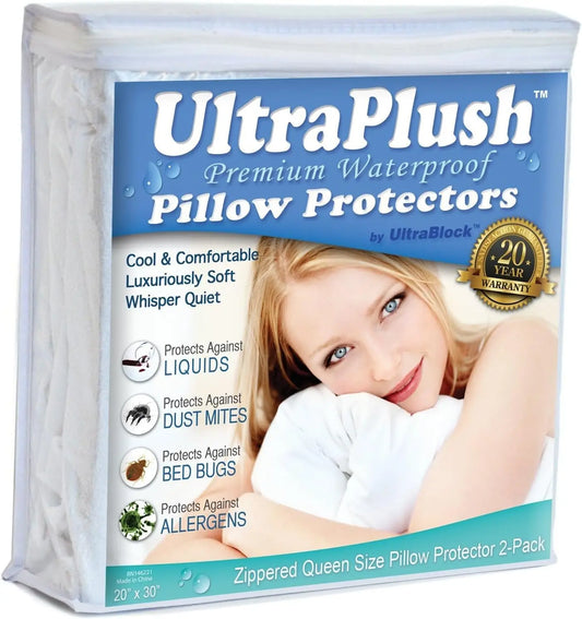 UltraBlock Ultra Plush Premium Waterproof Pillow Protector Set of 2 - Zippered Pillow Case Cover - Super Soft