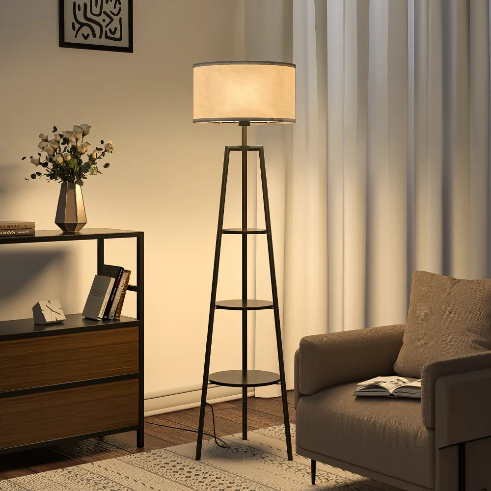 Round Shelf Floor Lamp with Fabric Lampshade