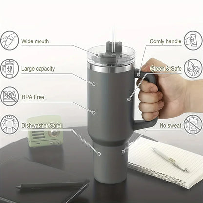 304 Stainless Steel Insulated Water Bottle,1200ML Thermal Coffee Car Cup, Cold Hot Mugs Vacuum Flask With Handle Straw,For Spor