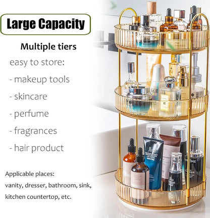 Rotating Makeup Organizer for Vanity 3 Tier, High-Capacity Skincare Clear Make Up Storage Perfume Cosmetic Dresser Countertop