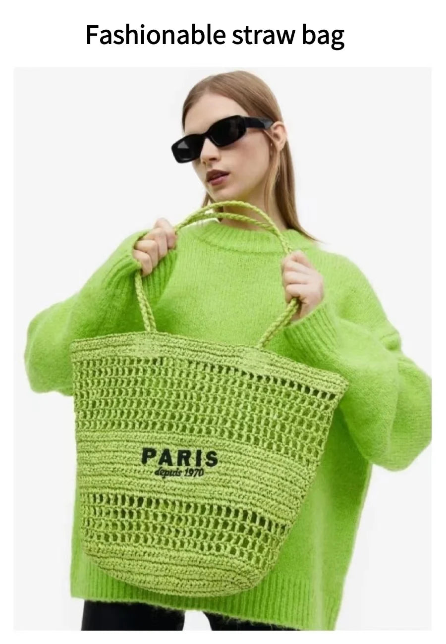 Women's Fashion Large Capacity Handmade Straw Knitting Tote Bag Summer Travel Beach Shoulder Bags Casual Simple Portable Handbag