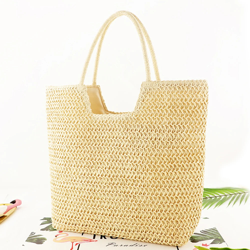 Women Straw Woven Shoulder Bag Solid Color Shoulder Summer Woven Pouch for Women Handmade Traveling Handbags Underarm Bags