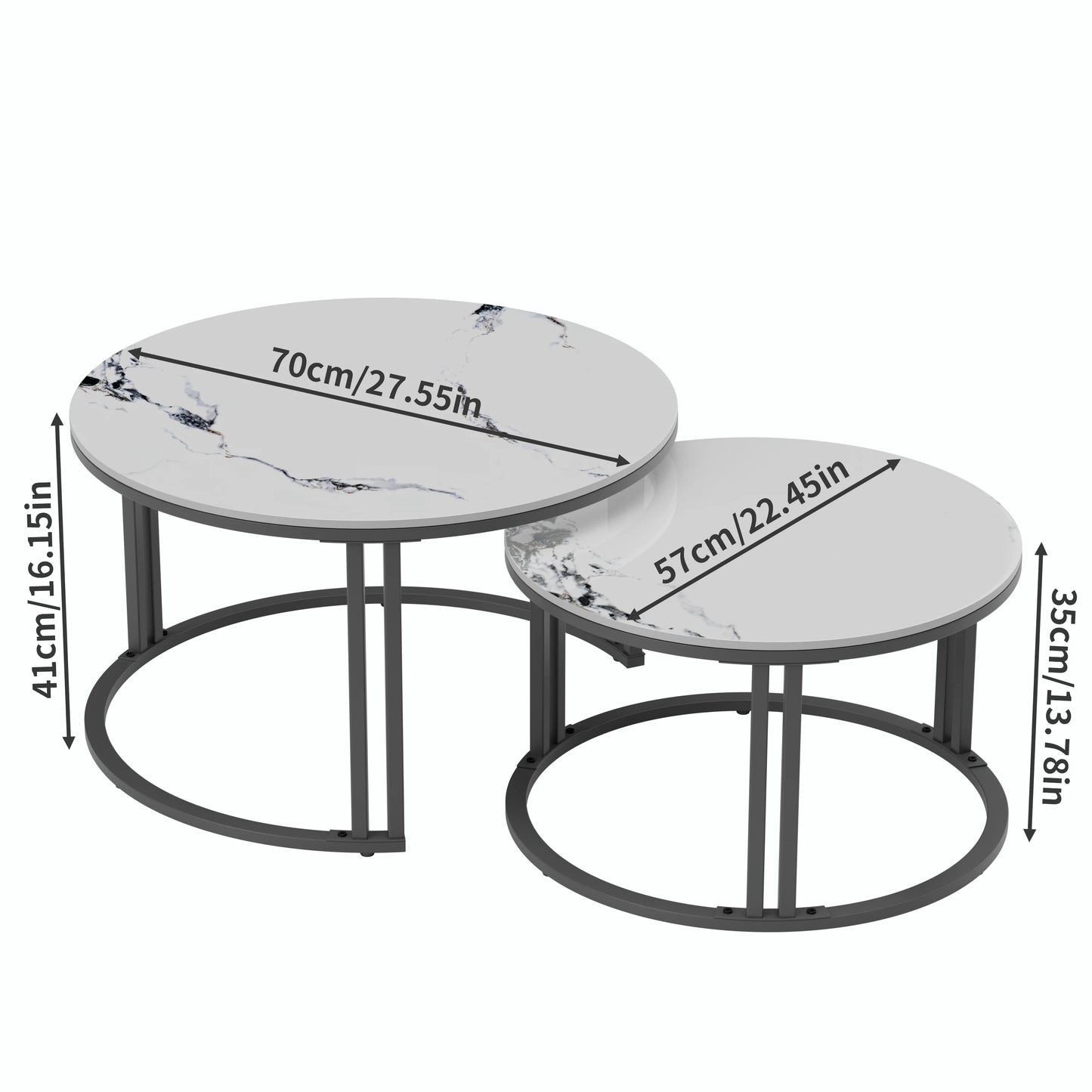 Set of 2 Modern Round Nesting Coffee Table Sintered Stone-top Stacking Sofa Accent Table for Living Rooms Aluminum Frame