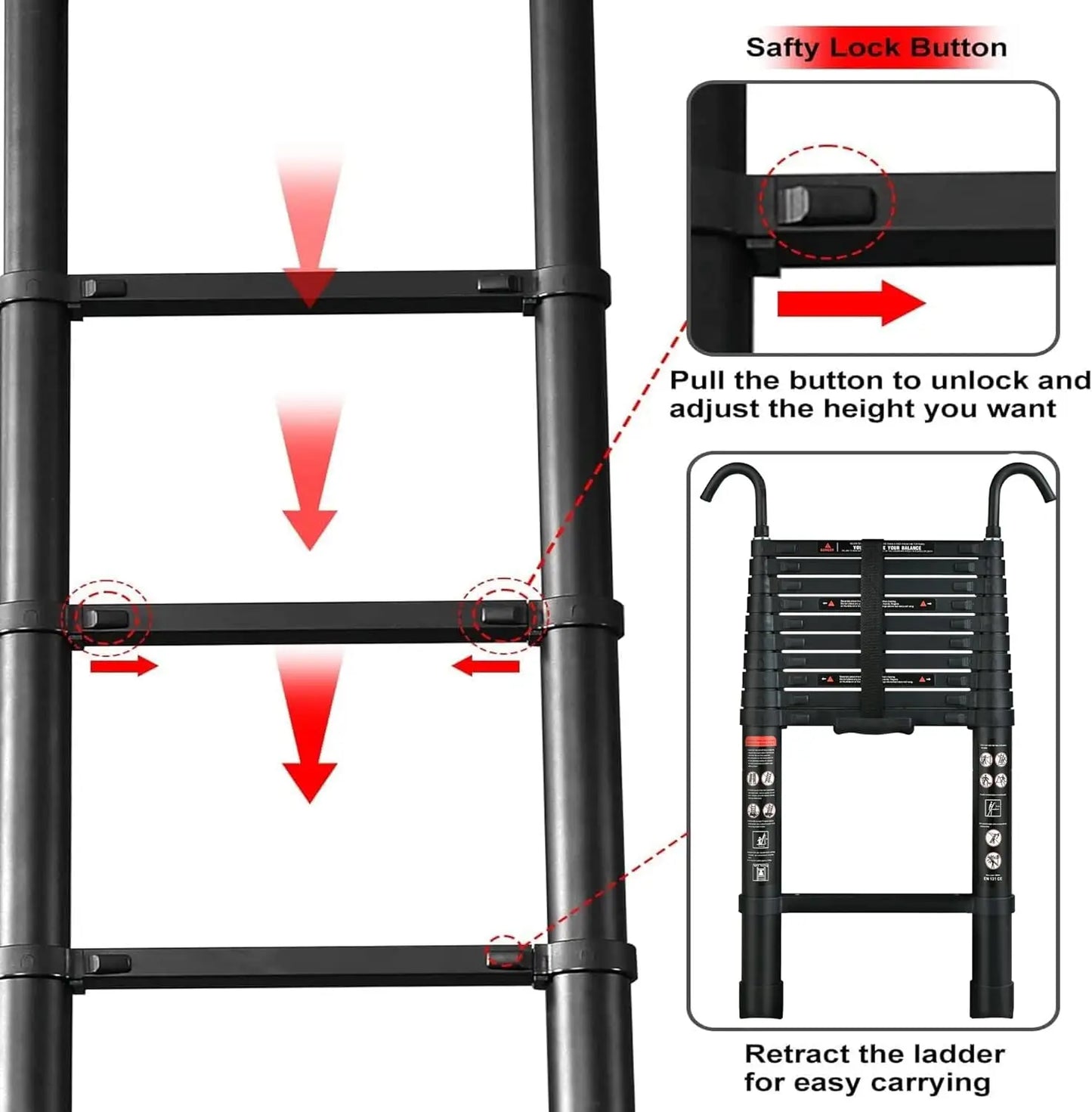 16.5FT 5M Telescopic Ladder with Detachable Hooks Folding Aluminum Extension Ladder Loft Ladder Multi-Purpose Collapsible Ladder