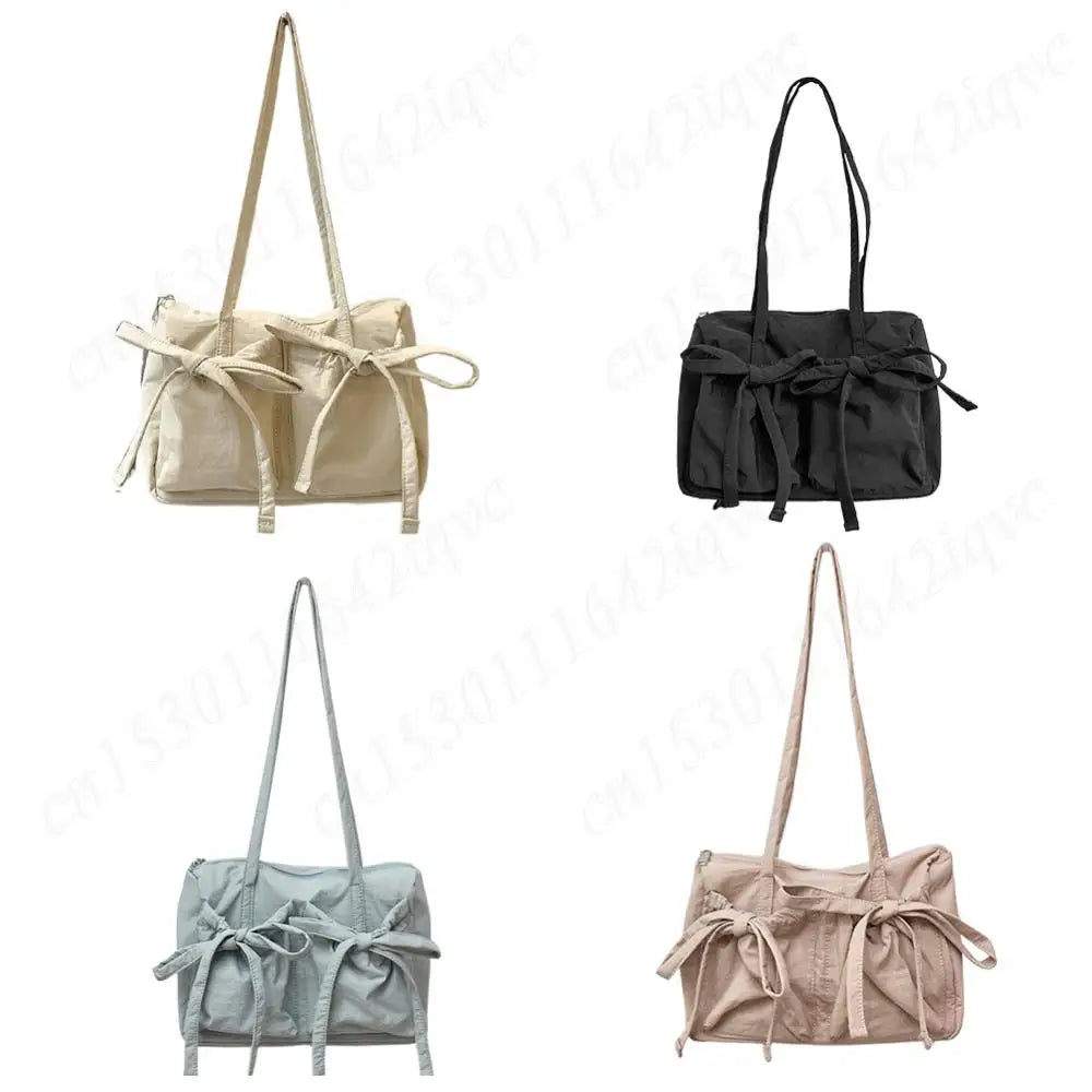 Women's Bags Bow Knot Pleated Nylon Shoulder Bag Fashion Sweet Pink Designer Lady Luxury Brand Tote Bag Spring Summer Armpit Bag