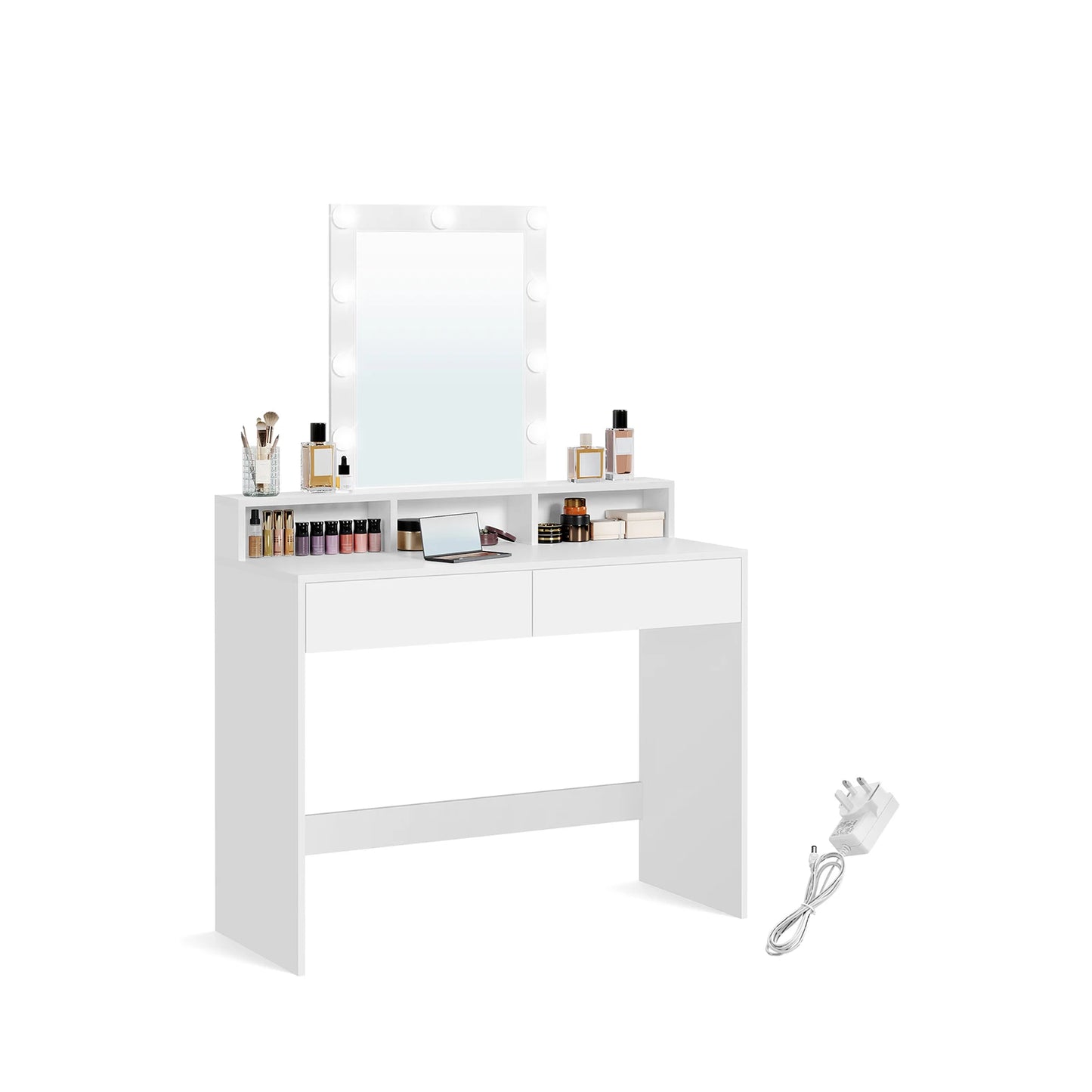 VASAGLE Dressing Table, LED Lights with Adjustable Brightness, Vanity Table with Mirror, 2 Drawers and 3 Compartments