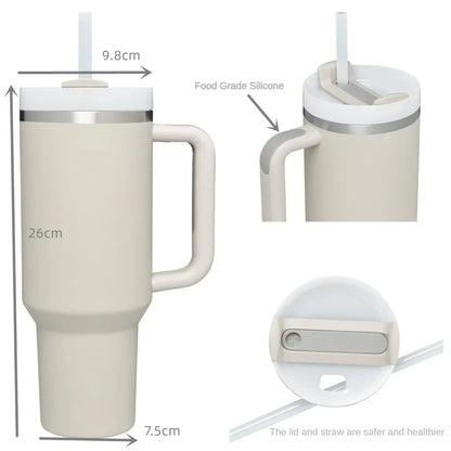 40oz Sports Kettle Stainless Steel Flat Glass Water Bottle with Handle Straw Vacuum Flasks Large Capacity Beer Coffee Drink Cup