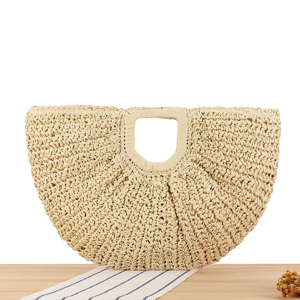 Women Handmade Straw Tote Bag Large Capacity Bohemia Moon Handbag Solid Color Simple Weaving Wrist Bag Summer Beach Bag