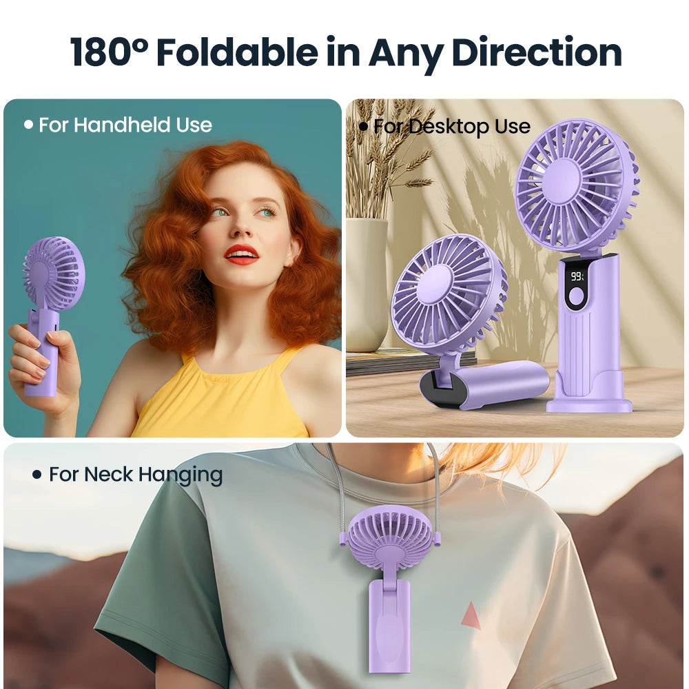 TOPK Portable Handheld Fan 5000mAh USB Rechargeable Foldable Fan 3 in 1 Personal Travel Fan with Digital Display Desk Fan