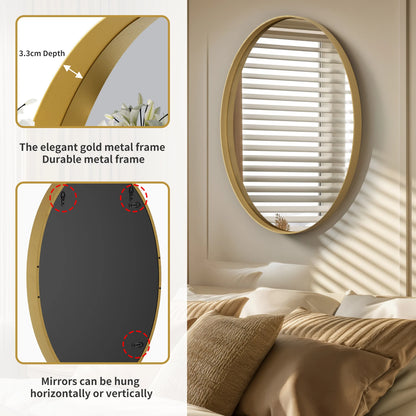 Oval Wall Mounted Mirror,  Brushed Gold Aluminum Framed Vanity Accent Mirror for Entryway Living Room, Vertically or Horizontal