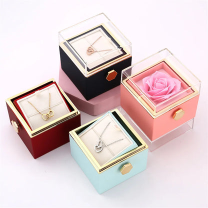 2024 New Valentine's Day Gift  Custom for Women Double Heart Engraved Name Steel Necklace Eternal Rose Box Wedding Ring Box