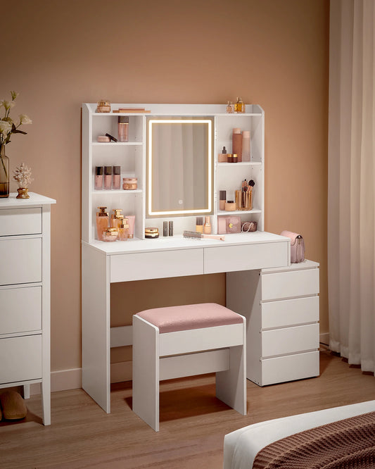 VASAGLE Dressing Table with LED Lights, Adjustable Brightness, 40 x 117.5 x 145 cm,Vanity Table with Mirror, Drawers