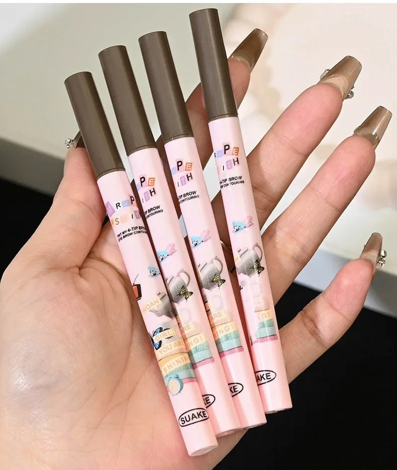 4 Colors Eyebrow Pen Waterproof 4 Fork Tip Eyebrow Tattoo Pencil Cosmetic Long Lasting Natural Dark Brown Liquid Eye Brow Pencil