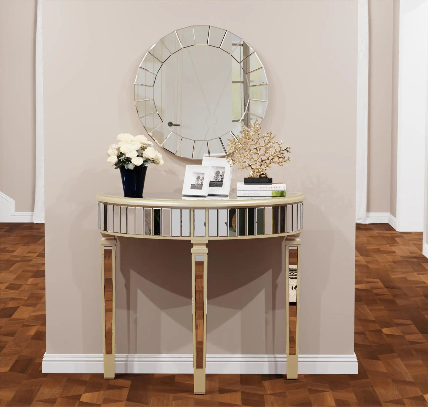 Ornate Mirrored Half Moon Console Table for Entryway Living Room, Silver Hallway Makeup Vanity Table, Demi Lune Furniture