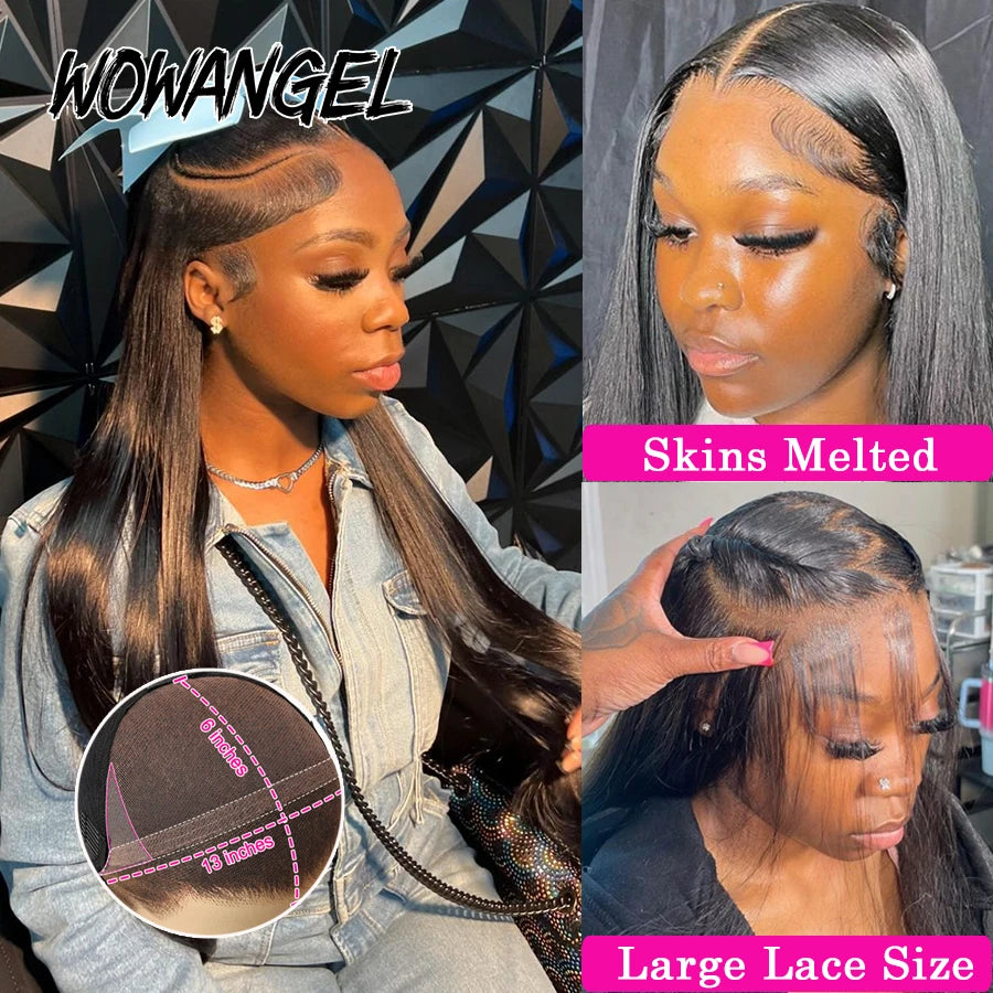 WowAngel 250% Upgraded 13x6 HD Lace Full Frontal Wigs Glueless Straight Human Hair Wigs Pre Plucked Natural Scalp Brazilian Hair