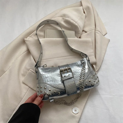 Women Fashion Shoulder Bag Gothic Ladies Bag Cool Style Trendy Rock Girls Handbag Y2K Rivet Chain for Travel Vacation Daily