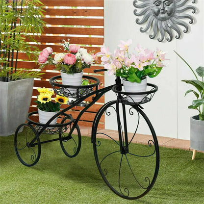 3-Tier Bicycle Plant Stand Wrought Iron Tricycle Planter Home Garden Patio Decor Flower Pots Shelf Indoor Outdoor