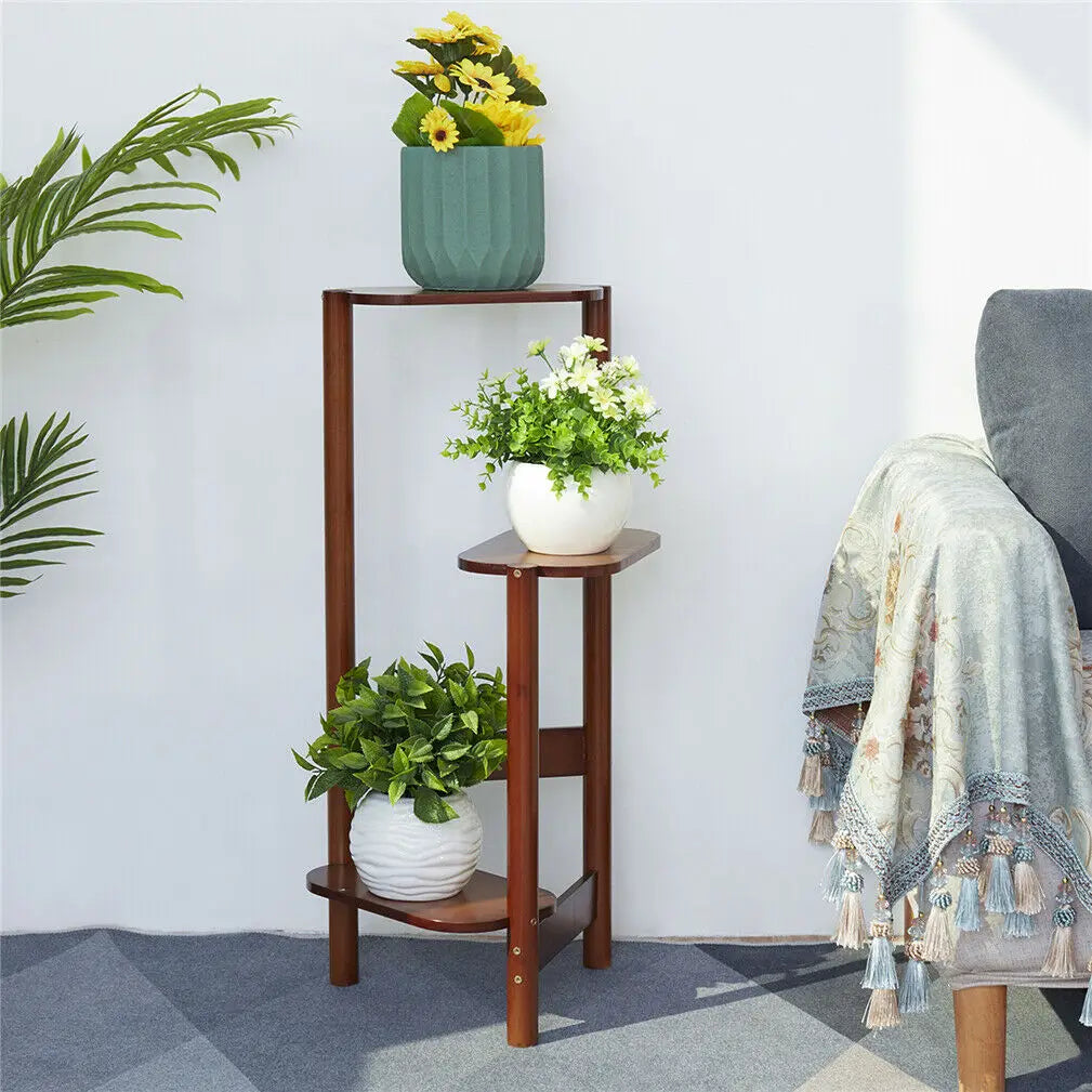 3 Tier Bamboo Corner Plant Stand Flower Pot Shelf Indoor High Low Display Holder