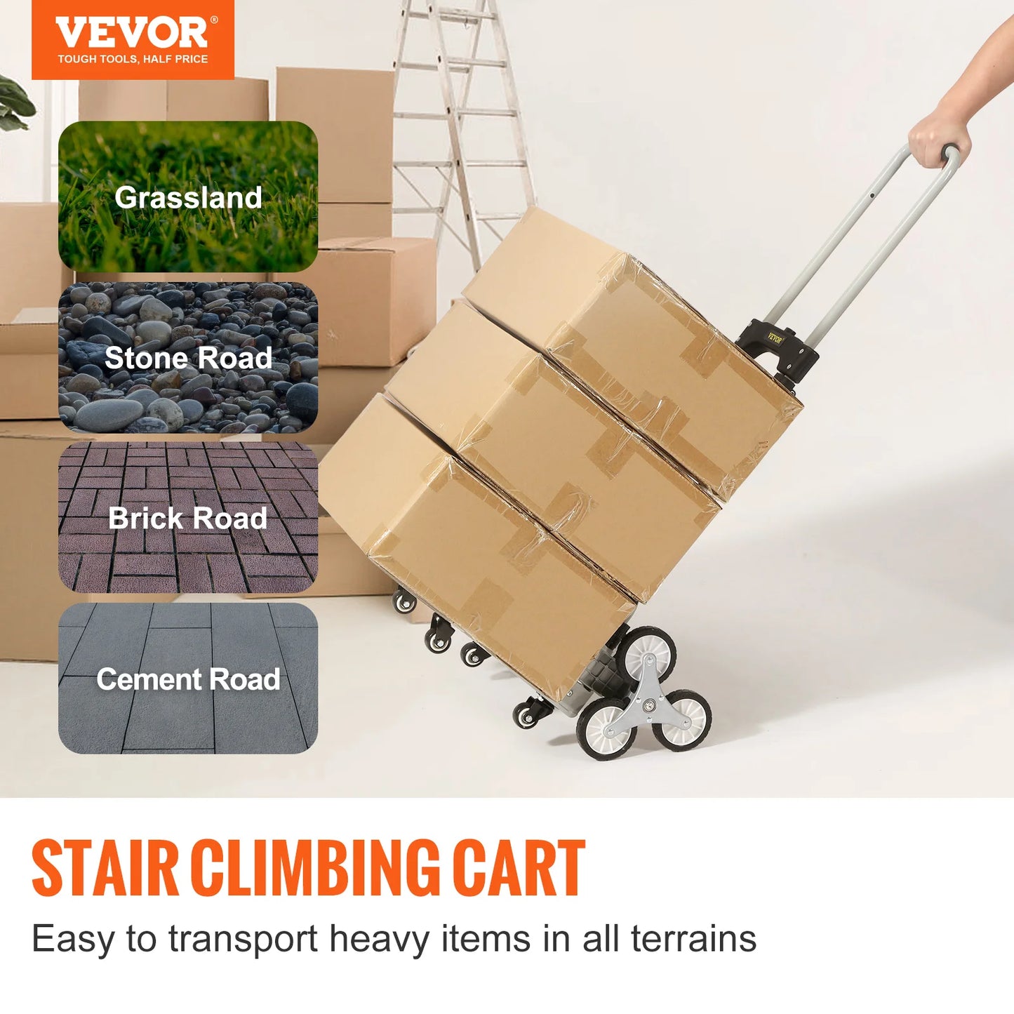 VEVOR 220lbs Stair Climbing Cart Foldable Hand Truck with 32.3-45.7in Adjustable Handle Height 4 Wheels for Warehouse Shopping