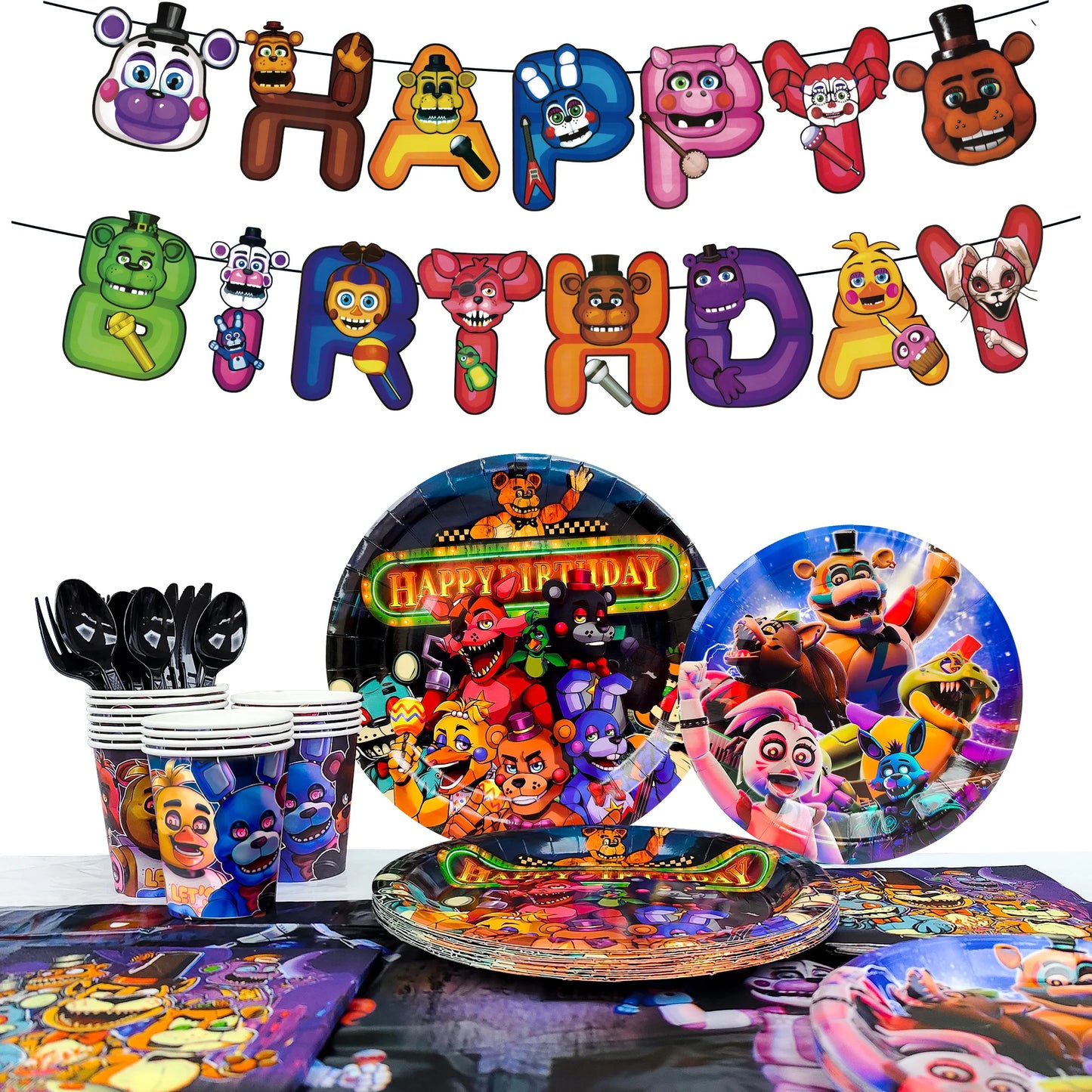 Fnaf Birthday Party Supplies,128pcs Five Nights at Freddy's Birthday Decorations&Tableware Set-Plates and Cups Tablecloth Banner