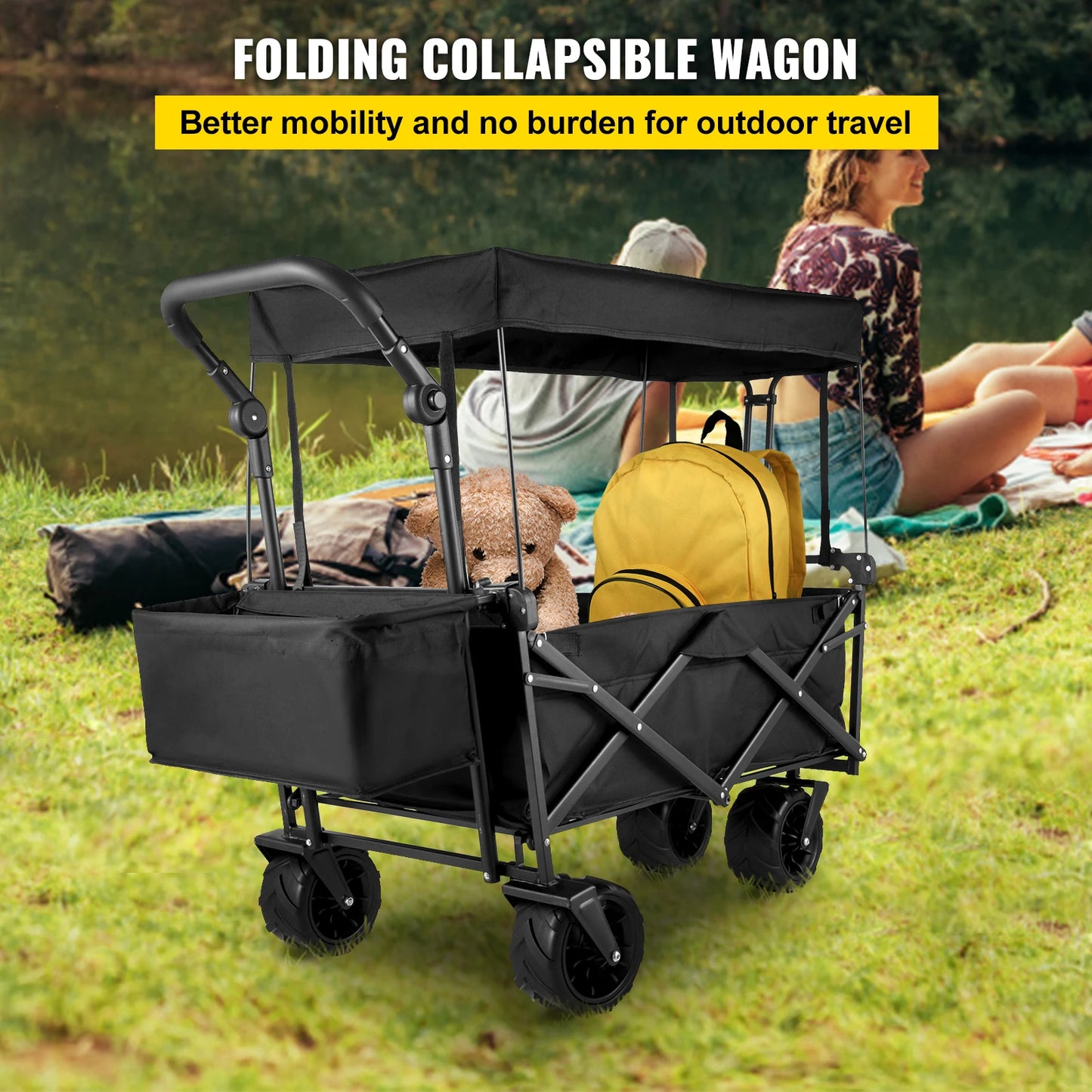 VEVOR Folding Wagon Cart W/ Adjustable Handle Bar Removable Canopy Oxford Cloth Collapsible Shopping Outdoor Camping Beach Cart