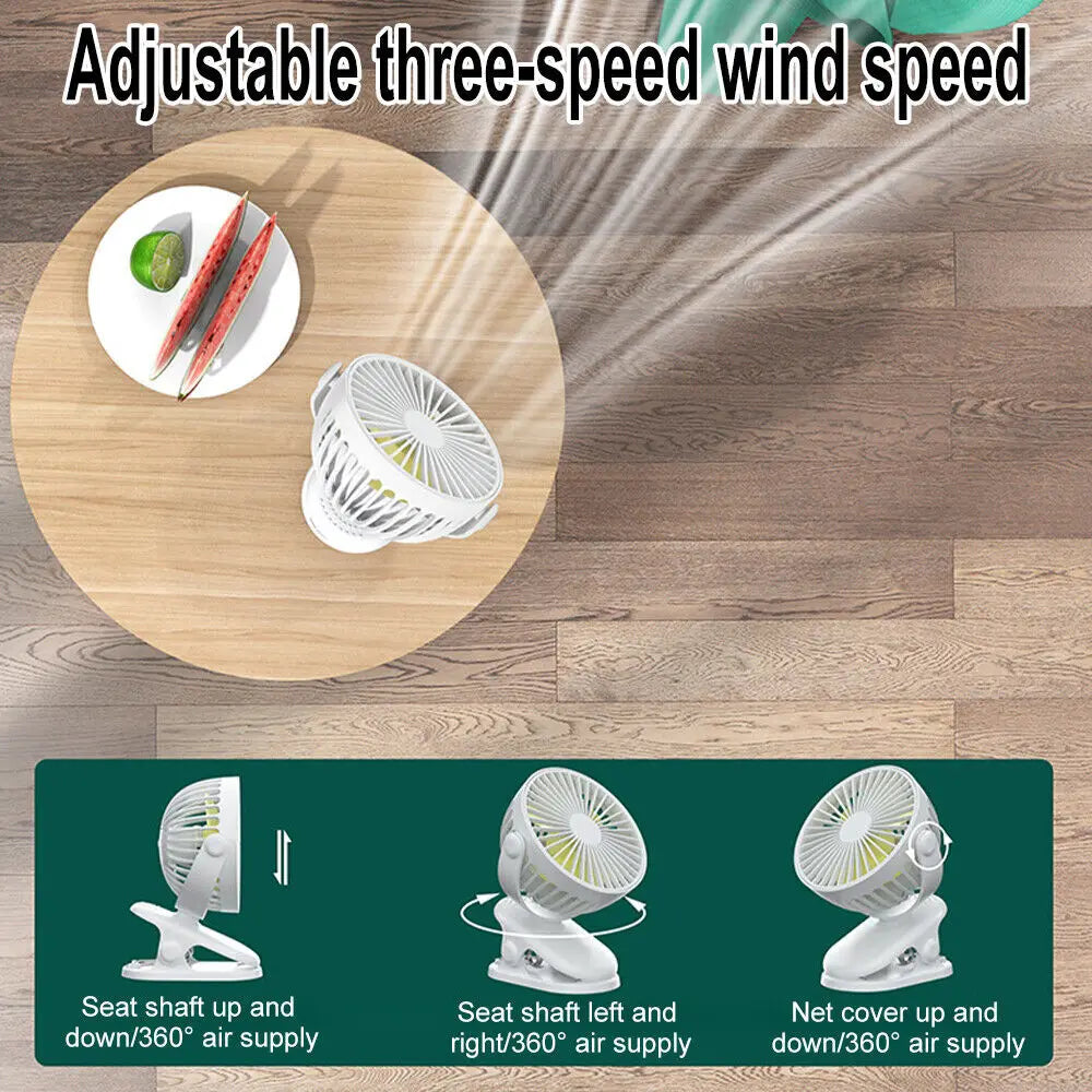 Portable Clip On Fan USB Rechargeable 3 Speeds Table Desk Air Coog Fans White